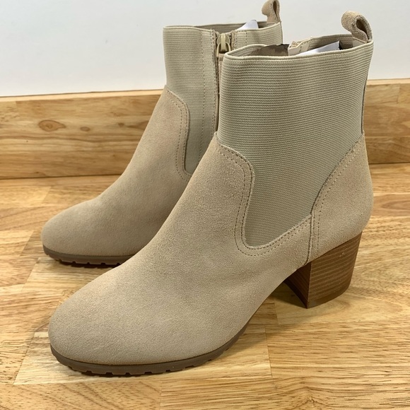 New Violet & Red 8.5 Tan Beige Loaded Knit Cuff Bootie Stacked Heel Boots - Picture 4 of 8